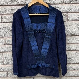 Vintage Moffi Navy V-Neck Sweater with Patterned Accents